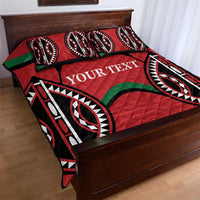 Red quilt bed set with diamond quilting texture, black-and-white motifs, green accents, YOUR TEXT