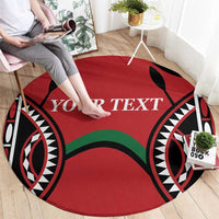 Red round rugby carpet with Kenya-style pattern and 'YOUR TEXT' center