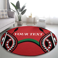 Red round rugby carpet with black circular motifs and 'YOUR TEXT' band