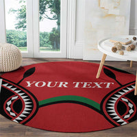 Red round rugby carpet with 'YOUR TEXT' banner and black/green tribal design