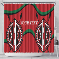 Red rugby shower curtain with green bands and centered 'YOUR TEXT' over two shields