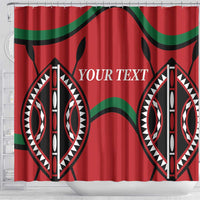 Red shower curtain with green wavy trim, 'YOUR TEXT', and detailed shield artwork panels