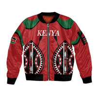 Red satin bomber jacket with green trim, ribbed cuffs, front zip, 'KENYA' graphic