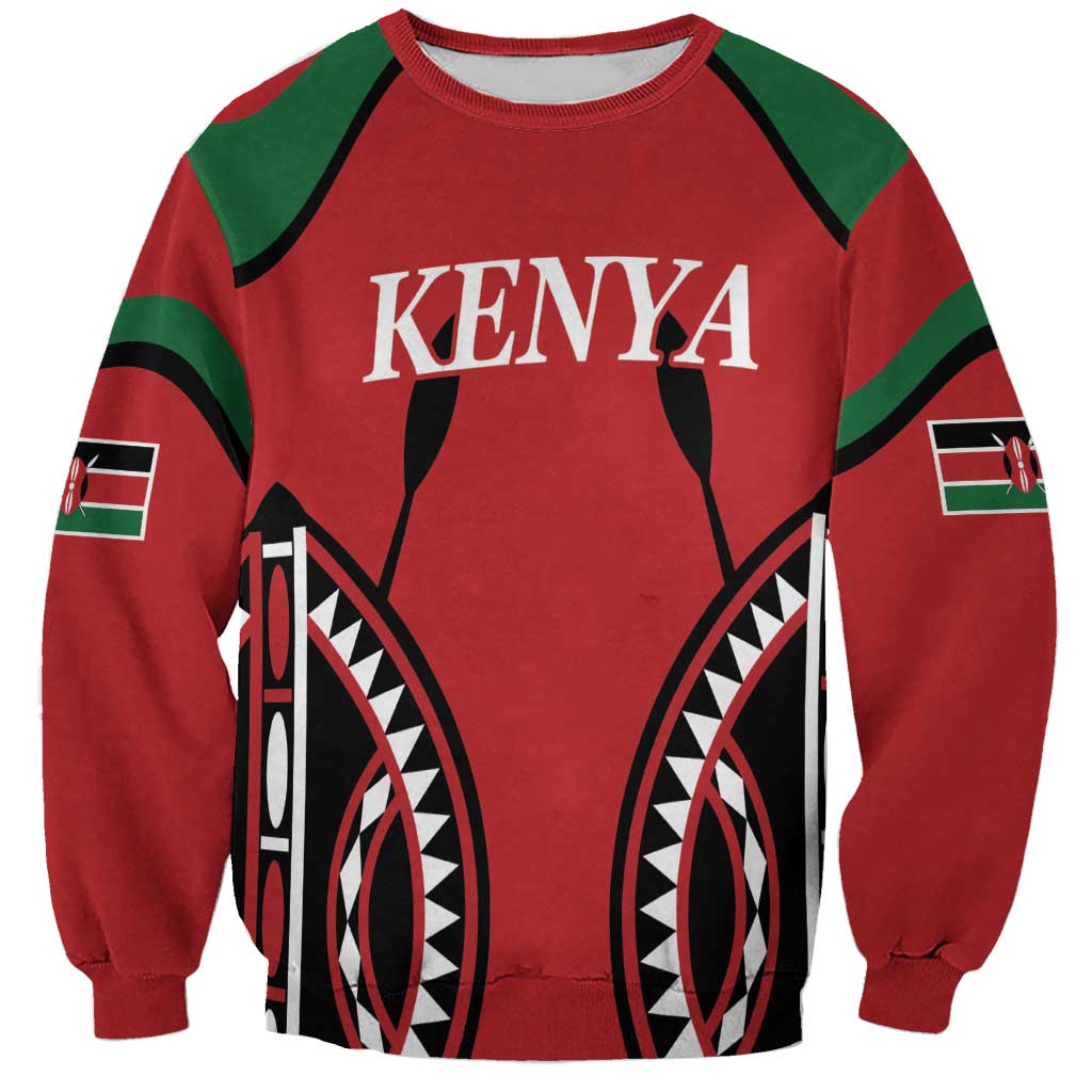 Red unisex rugby sweatshirt with green shoulders, KENYA graphic on front