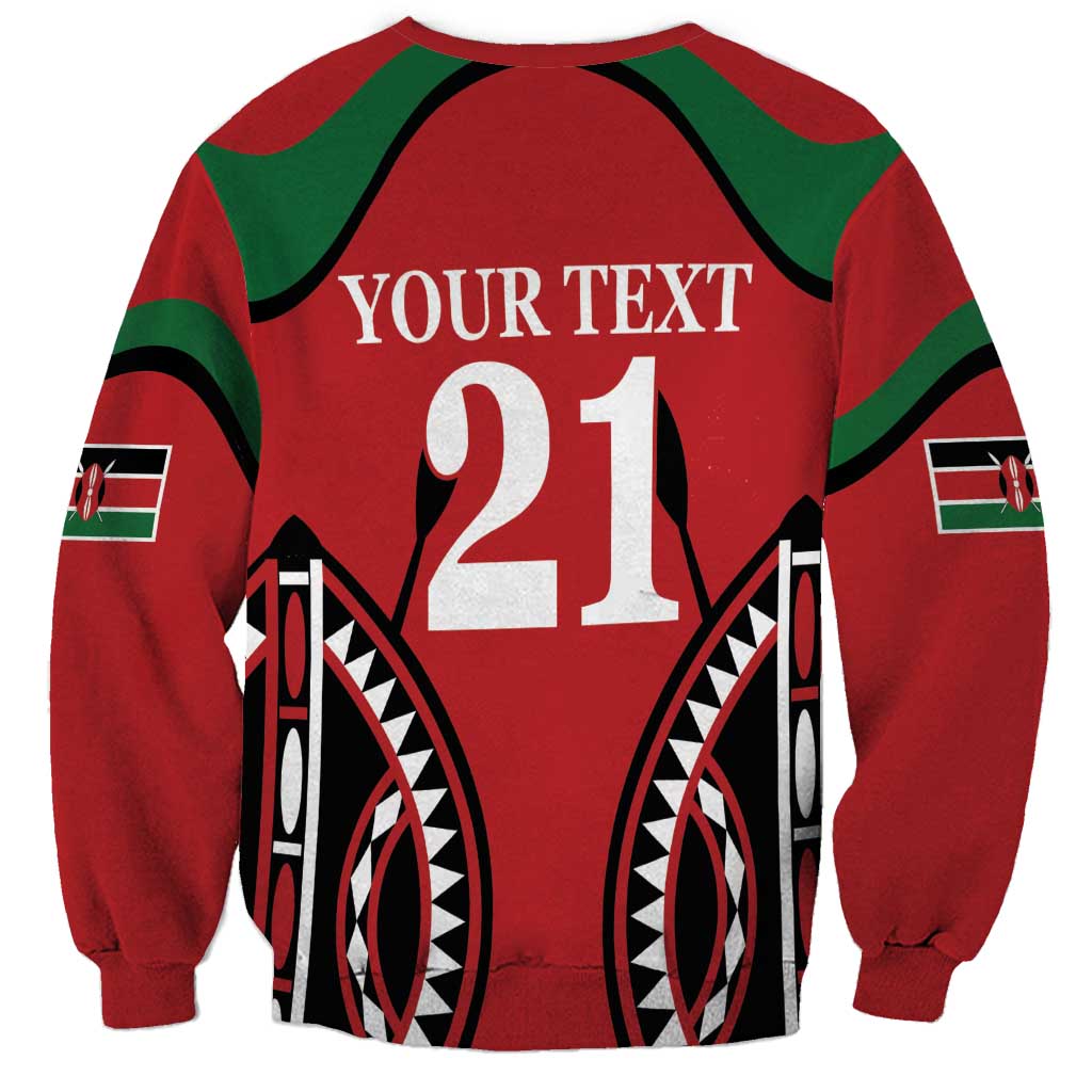 Red unisex rugby sweatshirt with green shoulders and YOUR TEXT 21 front print