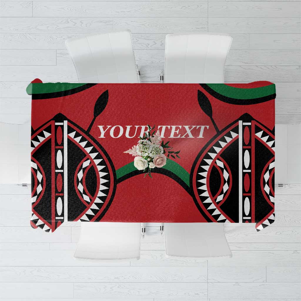 Red rugby-themed custom tablecloth with black and green geometric emblems