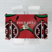 Red rugby-themed custom tablecloth with black and green geometric emblems