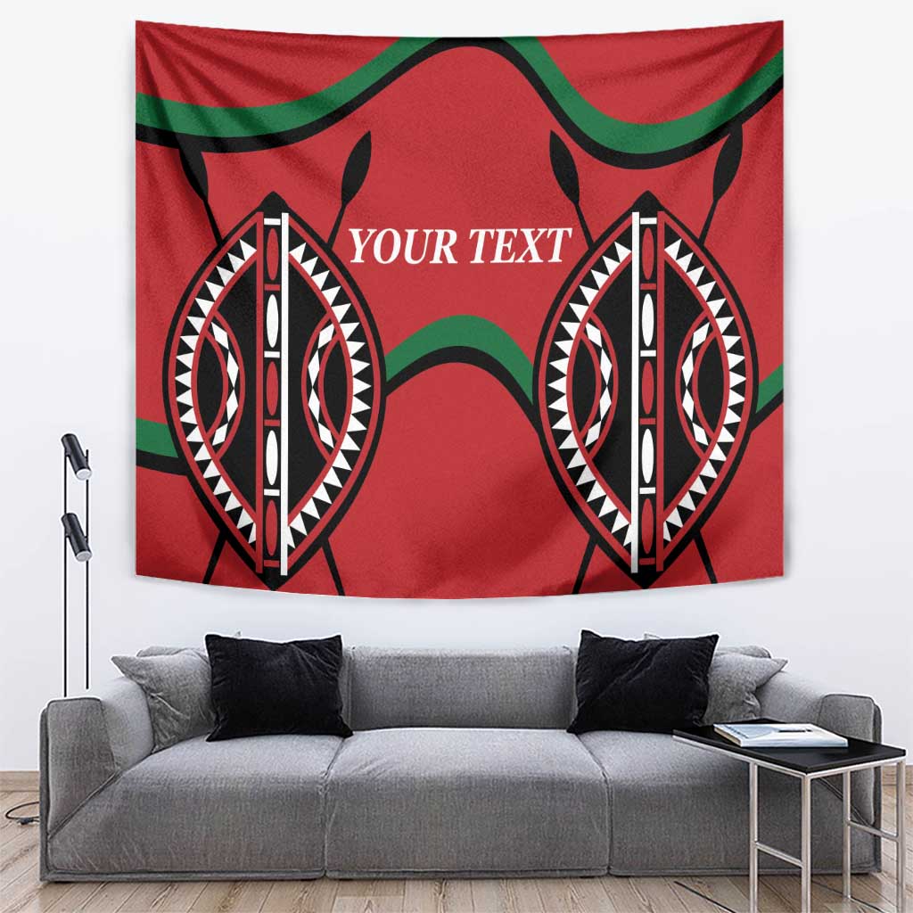 Red rugby tapestry with green curves and two black-and-white emblem masks, “YOUR TEXT”