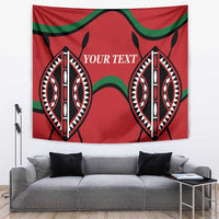 Red rugby tapestry with green curves and two black-and-white emblem masks, “YOUR TEXT”
