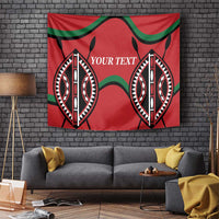 Red rugby tapestry with green waves and two black-and-white emblem masks, “YOUR TEXT”