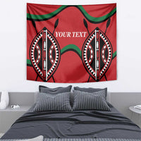Red rugby tapestry with green trim and two black emblem masks, “YOUR TEXT”