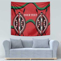 Red rugby tapestry with green waves and two black emblem masks, “YOUR TEXT”