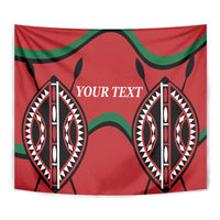 Red rugby tapestry close-up with green arcs and two black-and-white emblem masks, “YOUR TEXT”