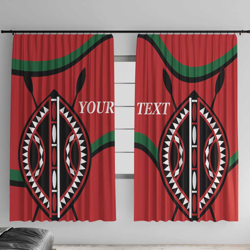 Pair of red window curtains with black tribal oval print and green curved stripe details