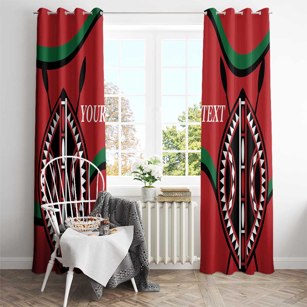 Red window curtains with black tribal geometric oval print and green accent details