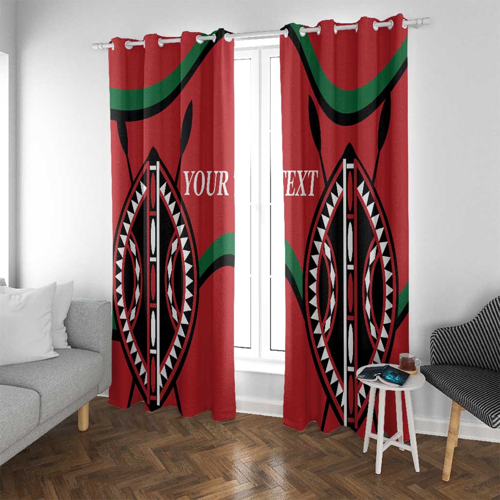 Red window curtain panels with black and white geometric motif and green accent bands