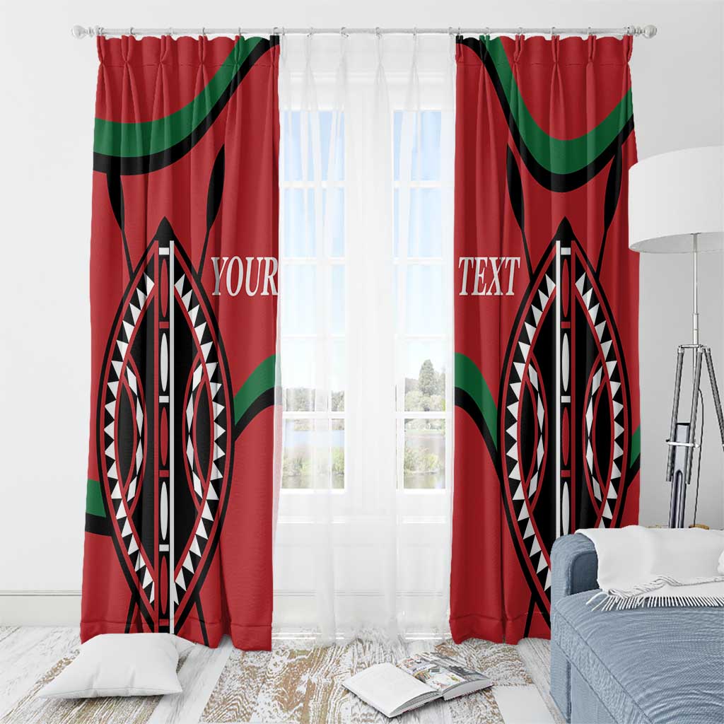Red window curtains with bold black oval geometric pattern and green curved stripe detailing