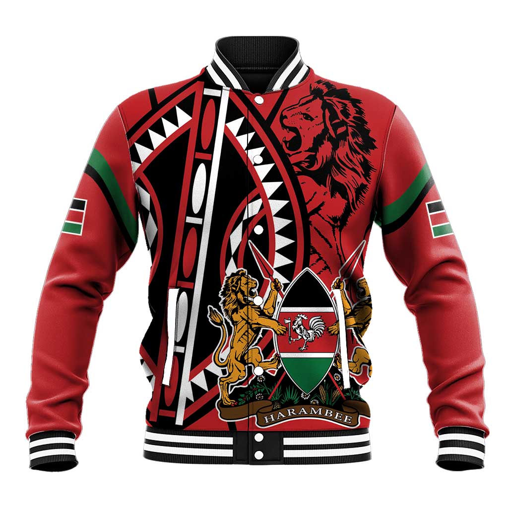 Red unisex baseball jacket with shield graphic, snap-button front and striped ribbed cuffs