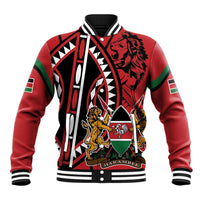 Red unisex baseball jacket with shield graphic, snap-button front and striped ribbed cuffs
