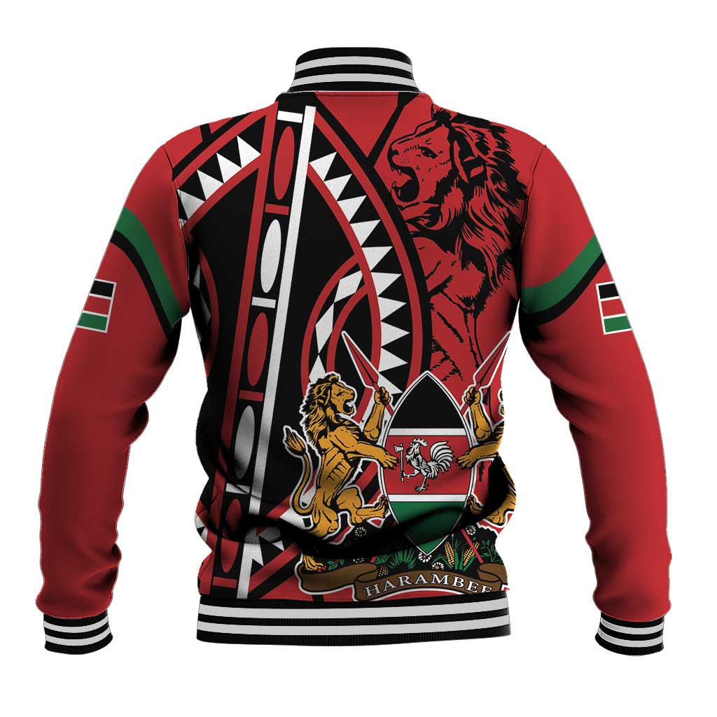 Red unisex baseball jacket with shield graphic, black/white striped ribbed collar and cuffs