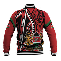 Red unisex baseball jacket with shield graphic, black/white striped ribbed collar and cuffs