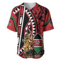 Red baseball jersey with Kenya shield, lion, and bold tribal front graphics