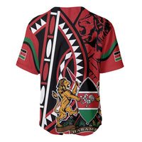 Red baseball jersey with tribal print, shield emblem, lion artwork, and crest