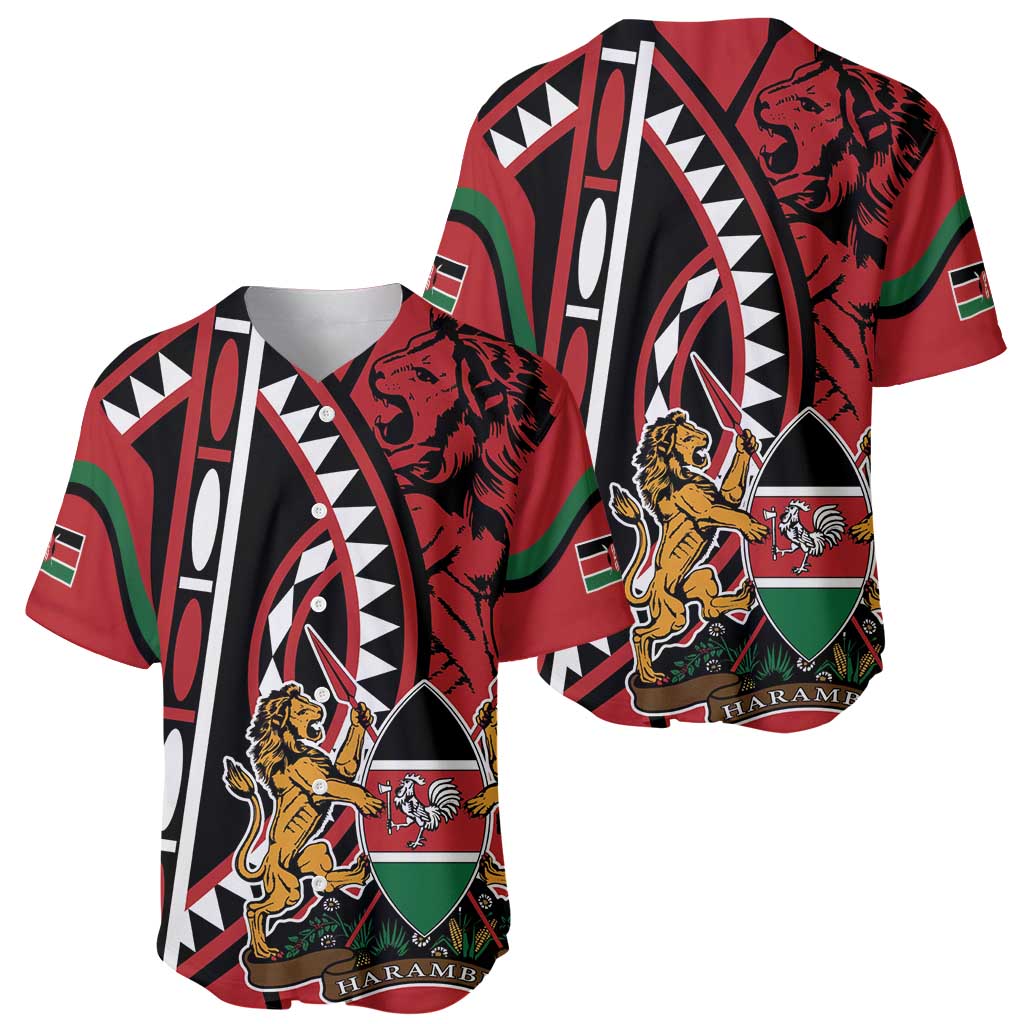 Red baseball jersey with bold tribal print, shield emblem, lion and zebra graphics