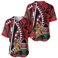 Red baseball jersey with bold tribal print, shield emblem, lion and zebra graphics