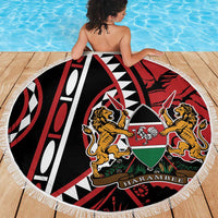 Round Harambe beach blanket with white fringe, red black shield and lions