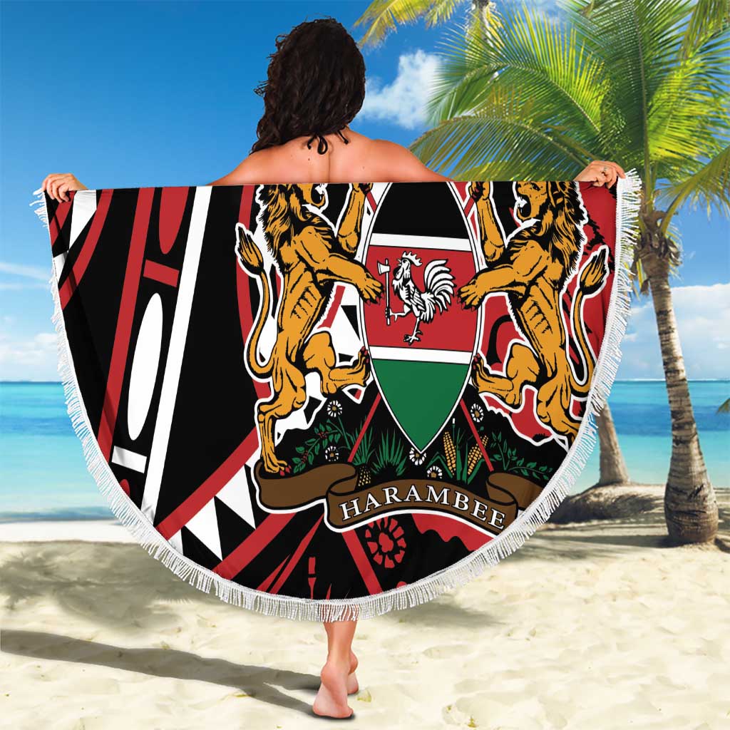 Round beach blanket with fringe, red black graphic shield lions on sand beach