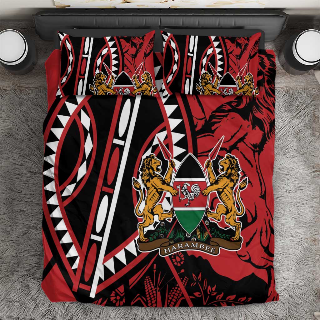 Red and black patterned bedding set with shield crest and lion figures, includes pillowcases