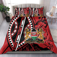 Red and black bedding set with geometric stripes and shield crest, lion figure graphics