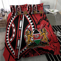 Red and black duvet set with shield emblem, lion figures, and bold geometric patterns