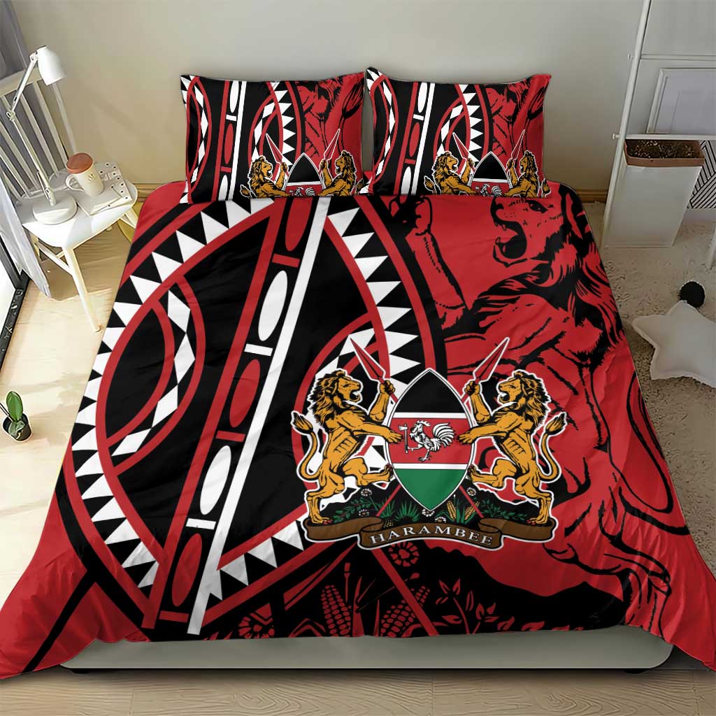 Red and black bedding set with central shield crest, lion figures, and decorative borders