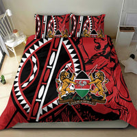 Red and black bedding set with central shield crest, lion figures, and decorative borders