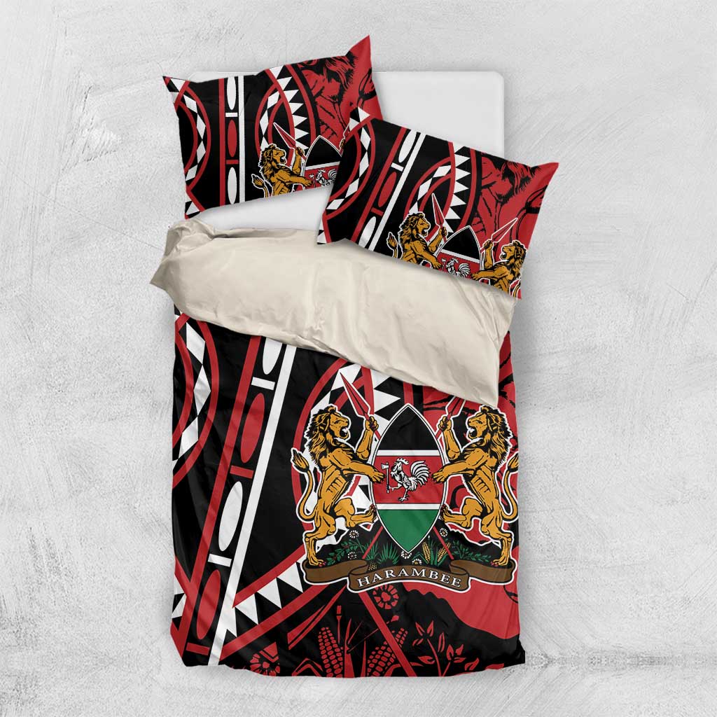 Red, black, and white bedding set with shield emblem, lion figures, and matching pillowcases