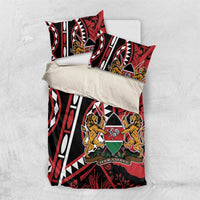 Red, black, and white bedding set with shield emblem, lion figures, and matching pillowcases
