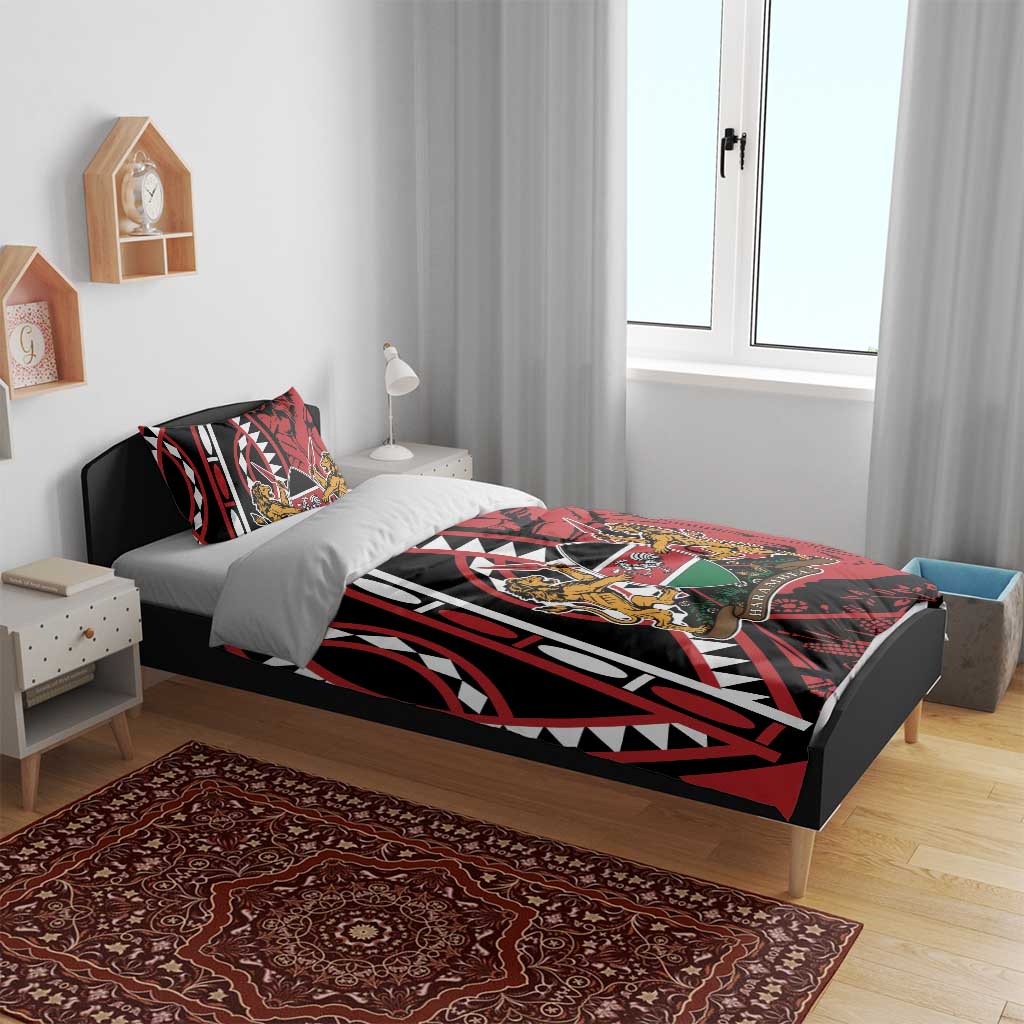 Red and black duvet bedding set with shield crest and lion artwork, paired pillowcases