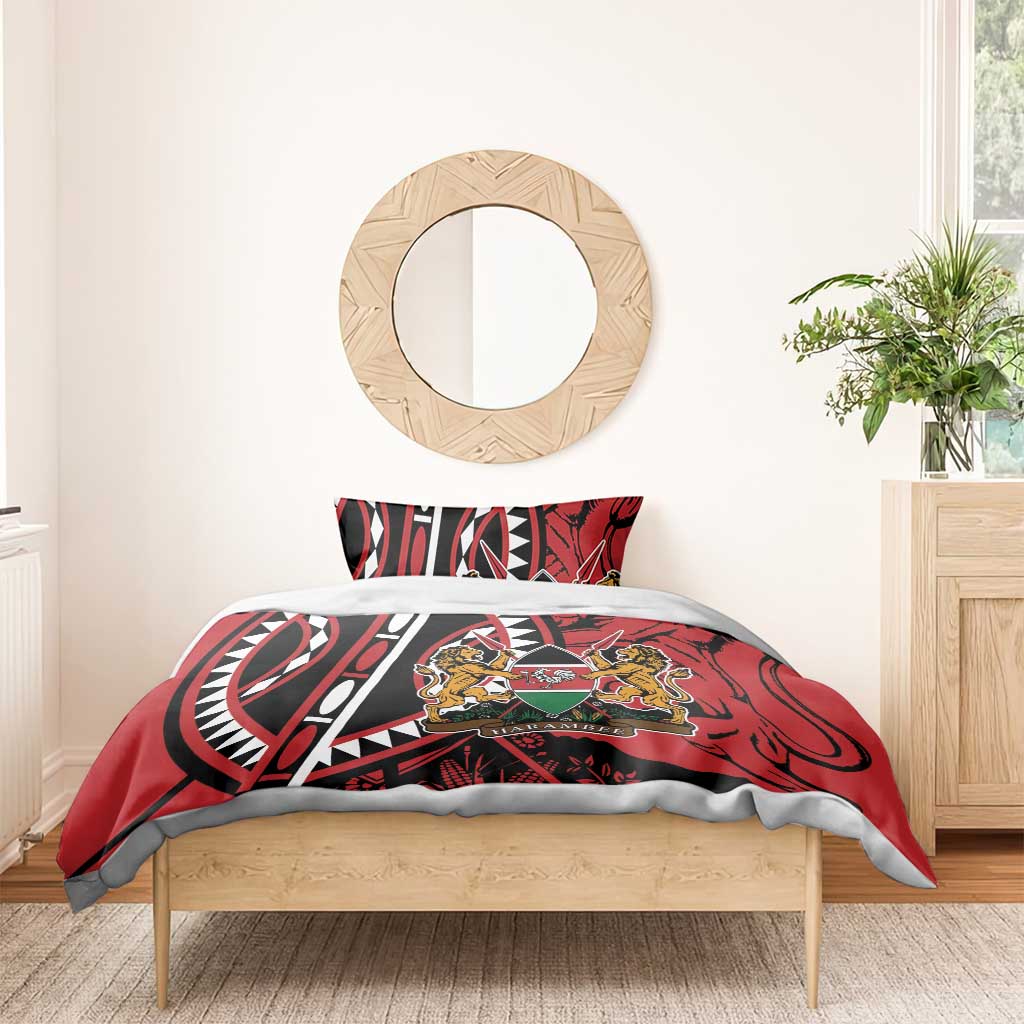 Red and black bedding set with shield crest and lion figures, fitted duvet and one pillow