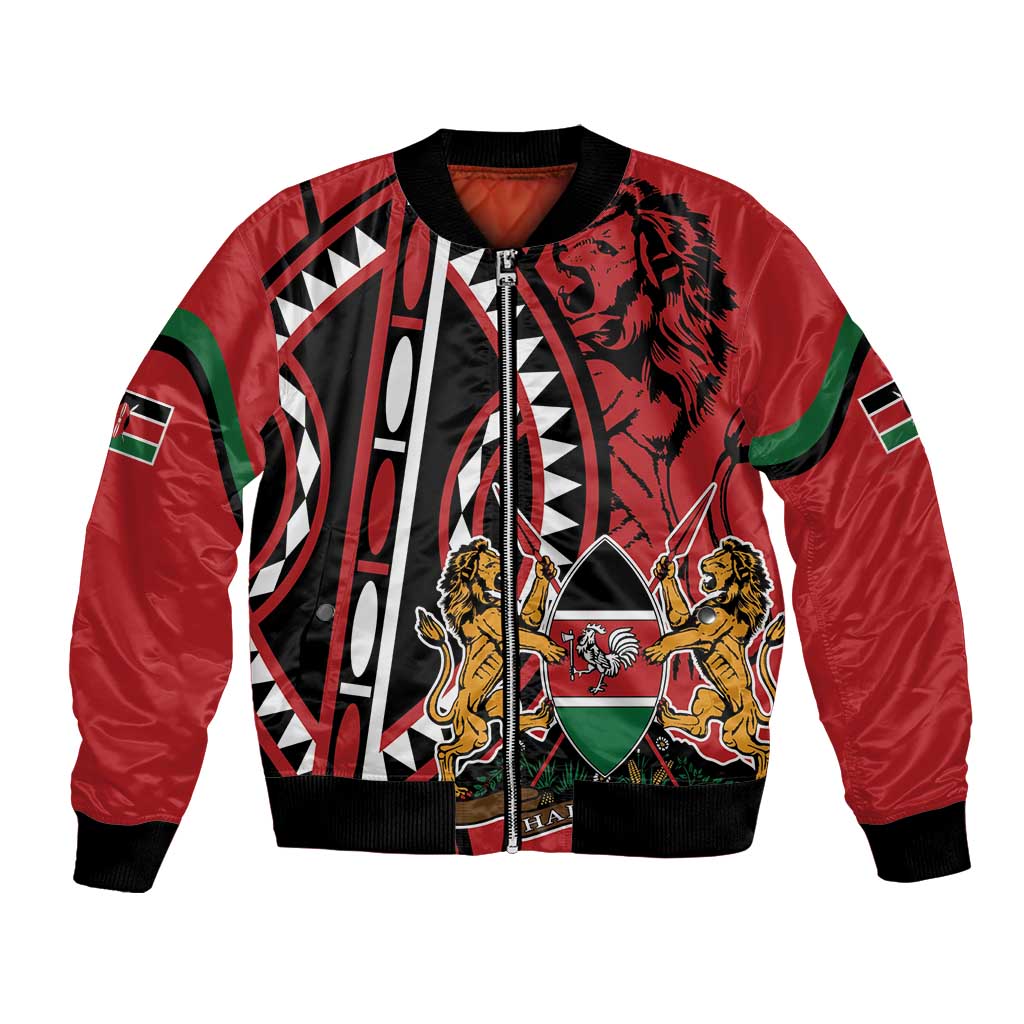 Red bomber jacket with ribbed cuffs, bold lion-shield graphic and front zipper