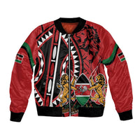 Red bomber jacket with ribbed cuffs, bold lion-shield graphic and front zipper