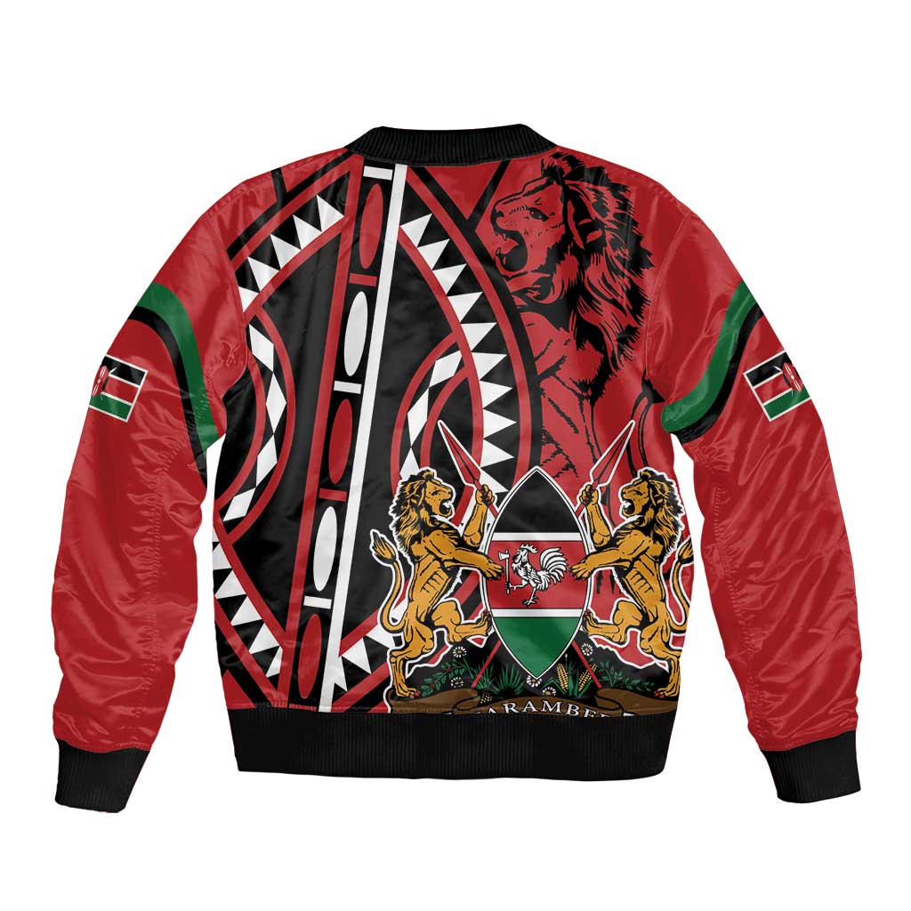 Red bomber jacket with geometric black-and-white panels, green accents, ribbed collar