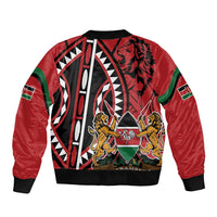 Red bomber jacket with geometric black-and-white panels, green accents, ribbed collar