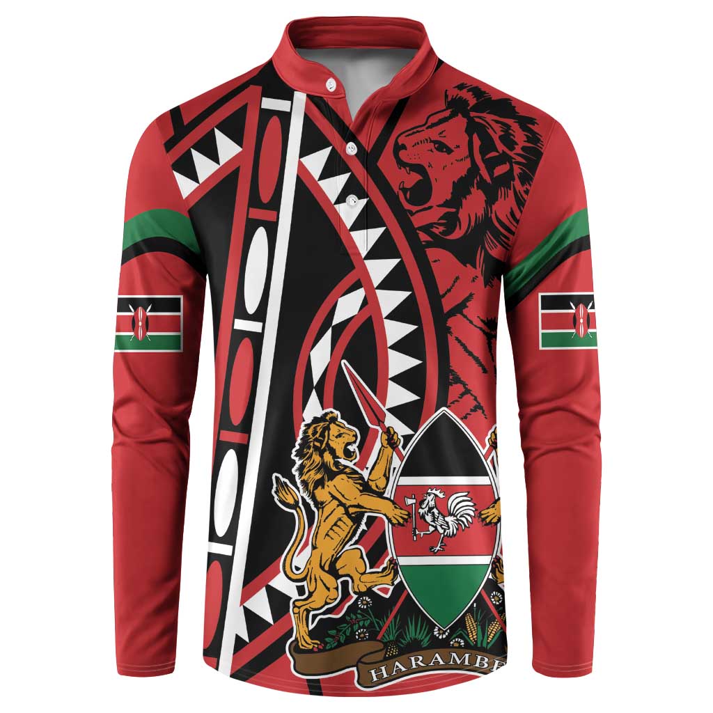 Red button-front sweatshirt with lion and shield graphic, long sleeves