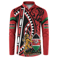 Red button-front sweatshirt with lion and shield graphic, long sleeves