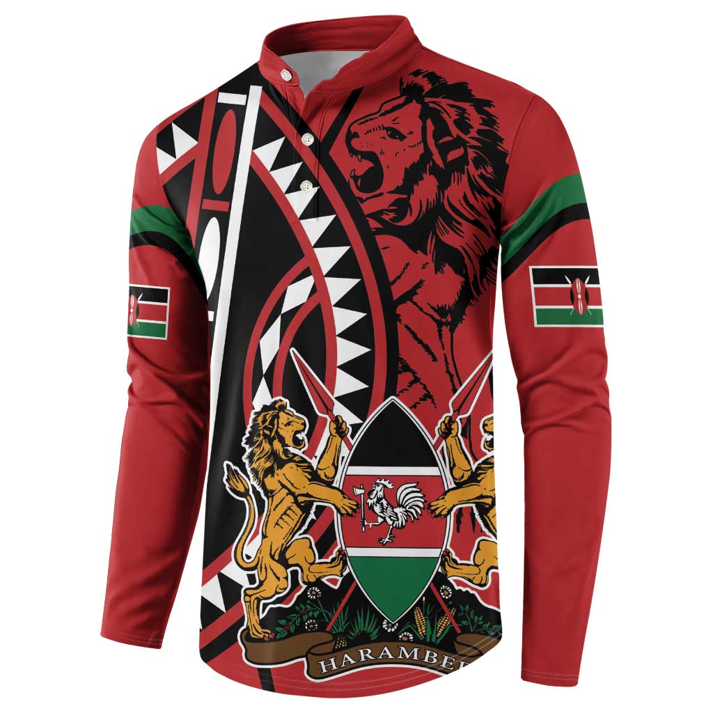 Red button-front sweatshirt with lion and shield front graphic, angled view
