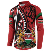 Red button-front sweatshirt with lion and shield front graphic, angled view