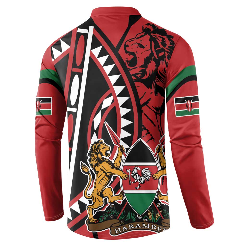 Red back button-front sweatshirt with lion head and vertical graphic, long sleeves