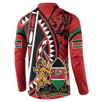 Red back button-front sweatshirt with lion head and vertical graphic, long sleeves